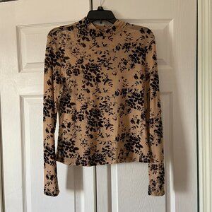 SweatyRocks Long Sleeeve Mesh Shirt Floral Sheer Beigh Black Top Blouse Large